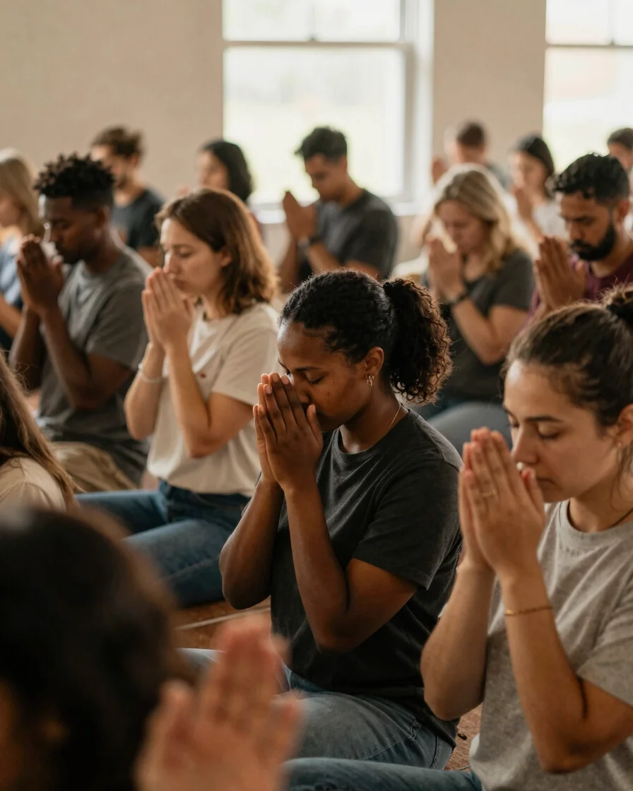 Wide shot of a diverse small group engaged in prayer, hands clasped, soft natural sunlight filtering through a window, w