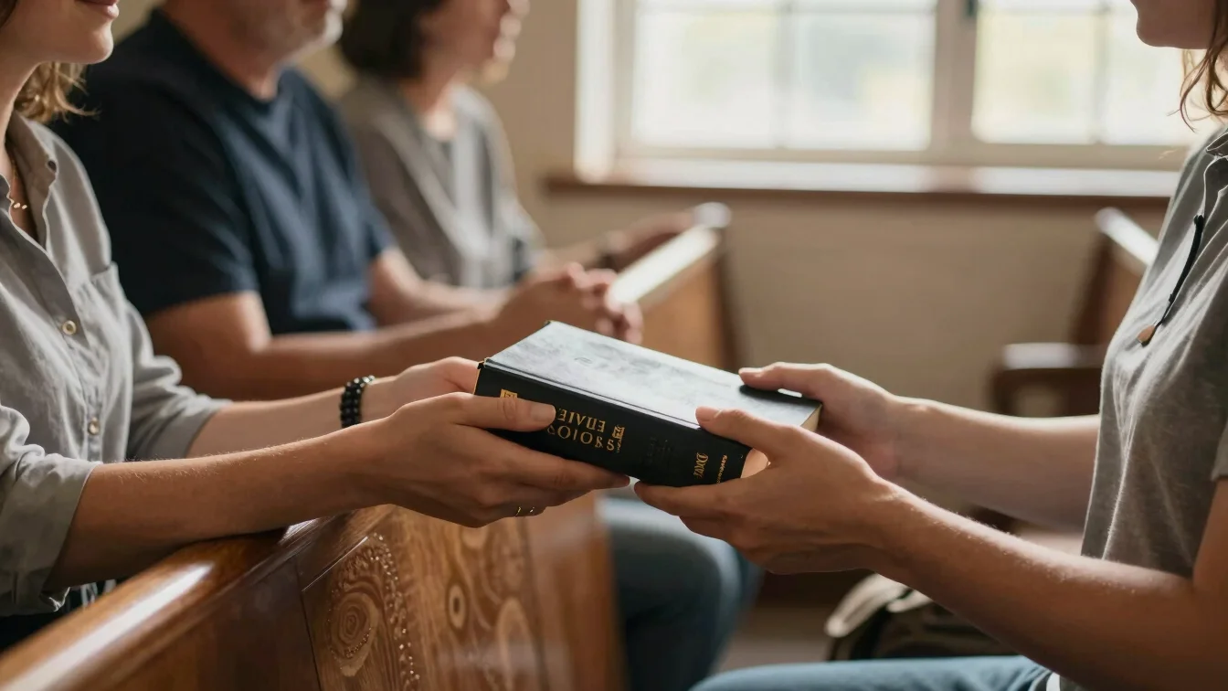 Warm editorial photography, soft natural sanctuary window daylight, authentic community fellowship, hands holding a bibl