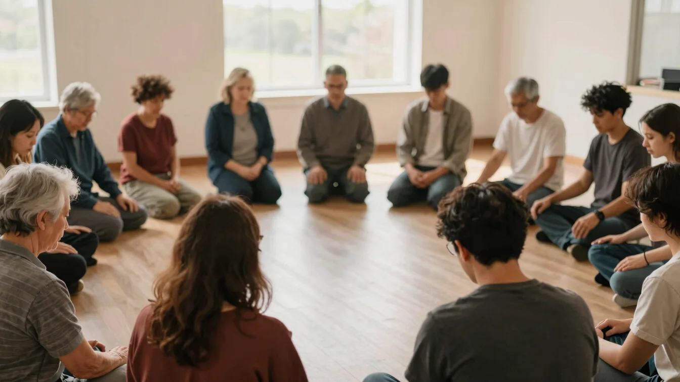 Warm editorial photography, soft natural sanctuary window daylight, authentic community fellowship, diverse group of peo