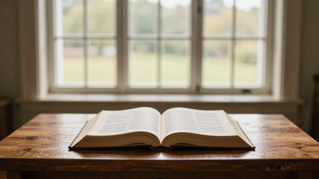 Warm editorial photography, soft natural sanctuary window daylight, rich warm tones, open bible on a wooden altar with s
