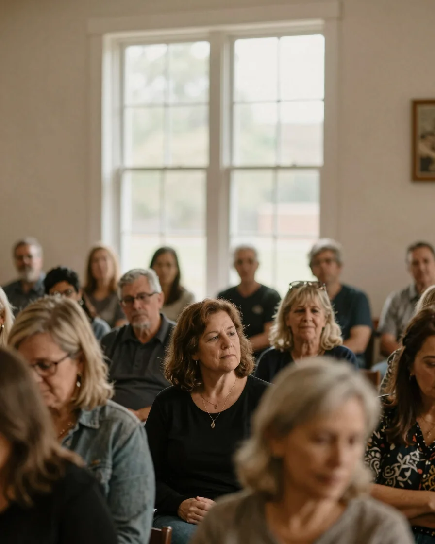 Portrait-oriented medium shot of congregation members engaged in authentic fellowship, soft natural sanctuary window day